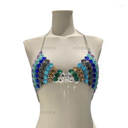 Women's Tanks Colorful Crystal Sling Crop Tops Women Sexy Hollow Out See Through Backless Tank Top Rave Festival Party Chest Chain Vest