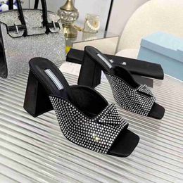 Slippers Slippers Shoes Womens Slides High Heels Shoes Factory Footwear Rhinestone real silk Chunky Block Slip-On Open Toe Luxury Designerswith box J230525