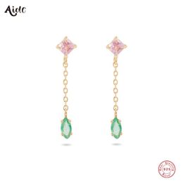 Aide 925 Sterling Silver Square Pink Zircon Long Chain Tassel Oval Green Crystal Charm Dangling Drop Earrings For Women Girl