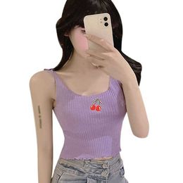 Tanks Camis DAXIN Women's Cherry Embroidery 2021 Summer Sleeveless Sexy Ultra Thin Exposed Navy Blue Knitted Tank Top P230526