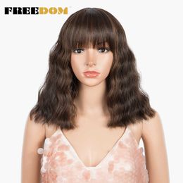 Synthetic Short Bob Wig With Bangs Cosplay Wig Deep Wave Brown Purple Blue Wig Synthetic Wigs For Black Women 230524