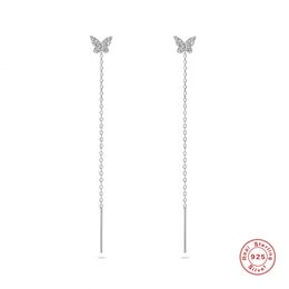 Aide 925 Sterling Silver Shiny CZ Zircon Butterfly Stud With Long Chain Tassel Pin Front Back Dangle Earrings For Women Party