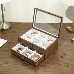 Jewelry Pouches Large Wooden Box With Clear Lid Double Layer Drawer Storage Organizer Multi-compartments Bracelet Watch Jewellery Case