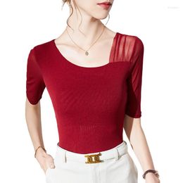Women's T Shirts Women Clothings For Summer Skew Collar Mesh Fabric Tops Short Sleeve Solid Colour Blouses Design T-SHIRTS Girls