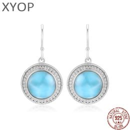 Natural Precious Larimar Earrings for Women Fashion Geometric Round Charm 925 Sterling Silver Jewellery Long Eardrop Gift Classic