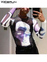 Men's T-Shirts INCERUN Tops 2023 American Style New Men See-through Mesh Camiseta Sexy Casual Male Stretch Printing Long Sleeve T-shirts S-5XL L230520