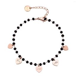 Charm Bracelets Heart Black Crystal Beads Bracelet For Women Stainless Steel Adjustable Chains Bangle Fashion Female Jewellery