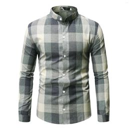 Men's Casual Shirts Fashion Men's Summer Plaid Button Long Sleeve Stand-collar Shirt Top