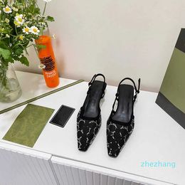 2023-Summer Shoe Fashion woman sandels Dress Shoes Kitten Heel Vintage Sandals Girls Party Wedding Low Heels Ladies Mid-heel Canvas Black Mesh With Crystals