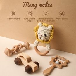 Rattles Mobiles Lets Make 4pcsset Wooden Rattle Sets Cartoon Animal Crochet Wood Car Block Soother Teether Set Montessori Toddler Toy 230525