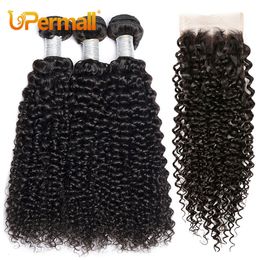 Hair Bulks Upermall 34 Brazilian Kinky Curly Human Bundles With Clre Transparent 4x4 Lace and Weave Bundle 10A Soft 230621
