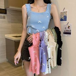 Women's Tanks Graceful Edible Tree Collar Bow Knitted Camisole Women's Summer 2023 Candy Colour Stretch Underwear Top Tank Crop