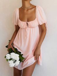 Vintage Puff Sleeve Loose Dresses Holidays Beach Outfits For Women Party Wear Pink Sweet Floral Chiffon Summer Dress