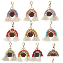 Keychains Lanyards Rainbow Woven Braided Bohemian Tassel Keychain Pendant Diy Blank Wood Chip Lage Decoration Key Chain Keyring Dr Dhxeo