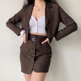 Work Dresses Women Notched Collar Crop Blazer With Buckle Tailored Mini Skirt Two Pieces Sets Girl's Suit Set