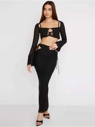 Female New Long Sleeve 2 Piece Maxi Dresses Suit Vacation Outfits Clothing Sexy Sheer Chiffon Weekend Slim Black Dress