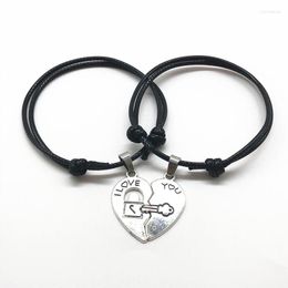 Charm Bracelets 2 Pcs/set Couple Bracelet "love You" Lettering Love Key Lock Stitching Black Rope Adjustable Chain Pair Gift For