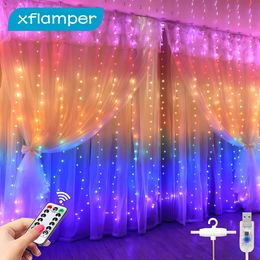 Garden Decorations Rainbow Fairy Curtain Light with Remote Control Garland String for Christmas Ramadan Holiday Party Wedding Year Decoration 230525