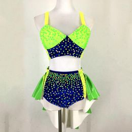 Stage Wear Fluorescent Green Rhinestones Bikini Pole Dance Costume Nightclub Bar Gogo Dancer Performance Outfit Carnival Dancewear VDB4045