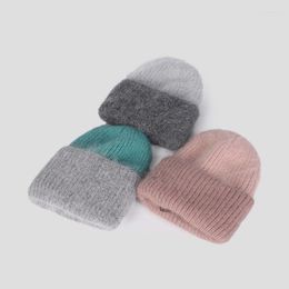 Berets Colour Matching Fur Knitted Hats Women Beanies Soft Warm Fluffy Pinkycolor Angora Nordic Winter Thickened Skullies Cap