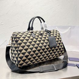 Mens Black Beige Fabric Duffel Bags Womens Embroidered Travel Bag Leather Luggage Designer Totes Shoulder Strap Brand P Handbag 2305263BF