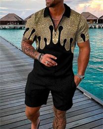 Men's Tracksuits Summer Trend Print Men's Tracksuit Set Casual Zipper Collar Polo Shirt Shorts 2pcs Sets Colourful Streetwear Man