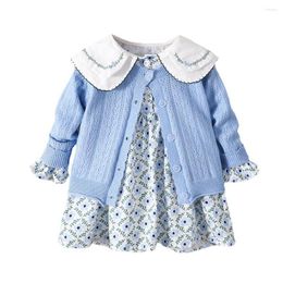 Clothing Sets Spring Autumn Baby Girls Clothes Set Kids Knitted Sweater Cardigan Floral Dress Children's Pastoral Style Toddler Girl