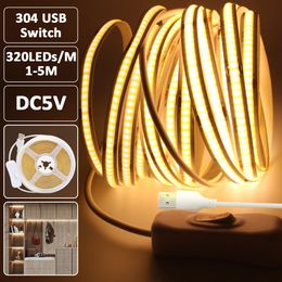 DC 5V COB LED Strip Light 304 USB Switch ON/OFF Flex Ribbon 320 LEDs/m Lamp for Kitchen Closet Cabinet Backlight Home Lighting