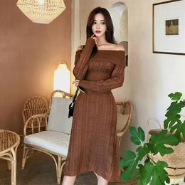 Casual Dresses Slash Neck Sexy Evening Party Dress Women Long Sleeve Solid Knitted Sweater Elegant White Winter Robe Femme