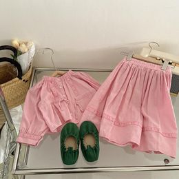 Clothing Sets Korean Children's Spring Girls' Pink Suit Long Sleeve Shirt Skirt Style Loose Western Two-Piece Set