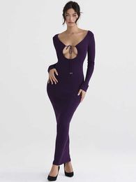 2023 Spring Female High Quality Stretchy Double Layered Jersey Long Sleeve Dress Vacay Backless Evening Maxi Dress