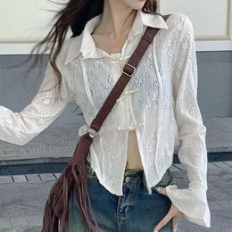 Women's Blouses Camisas De Mujer Vintage For Women Flare Sleeve Lace White Shirts Tunic Elegant Thin Chic Blouse Tops Embroidery