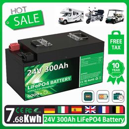 LiFePO4 24V 300Ah 200Ah 100Ah Battery Pack 25.6V 7680Wh Grade A 6000+ Cycles RV Golf Cart Boat Solar Rechargeable Battery NO TAX