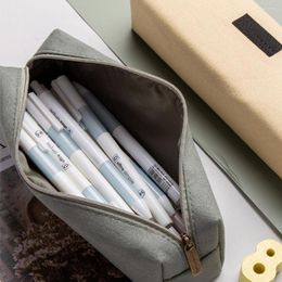 Canvas Pencil Bag Large Capacity Case Portable Squard Shape Pouch Holder Zipper Closure Student Stationery Organizer