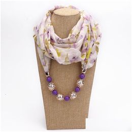 Schals Ethnischer Stil Druck Schal Acryl Perlen Halskette für Frauen Weiche Chiffon Halstuch Herbst und Winter Schmuck Bohemian Drop D Dhimz