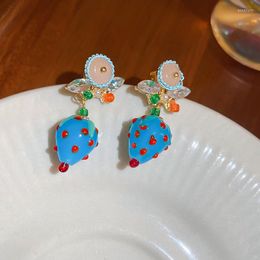 Dangle Earrings 37mm Silver Needle Glass Blue Strawberry Fruit Fashion Trend