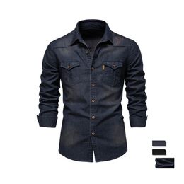 Mens T-Shirts Tshirts Aiopeson Brand Elastic Cotton Denim Shirt Men Long Sleeve Quality Cowboy Shirts For Casual Slim Fit Dhko1