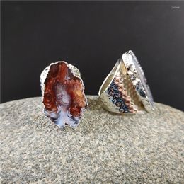 Cluster Rings FUWO 5 Pieces/Lot Silver Plated Natural Geode Ring Amazing Design Open Agates Crystal Adjustable Jewelry Wholesale RG028