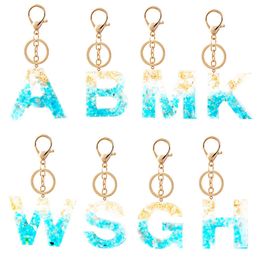 Keychains Lovely Golden Blue Gradient Letter A-Z Women's Handbag Pendant Fashion Car Jewellery Keyring Crystal Stone Keychain G230525