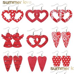 Charm Red Heart Hollow Design Drop Earrings Faux Leather Angel Print Double Side Light Weight Dangle Earring Geometric Statement Jew Dhetv