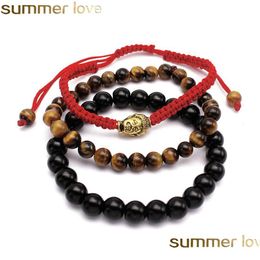 Beaded 3 Pcs/ Lot Beads Bracelets Red String Rope Braided Bracelet Men Bead Buddha Tiger Eye Black Natural Stone Wholesale Jewellery F Dhzjm