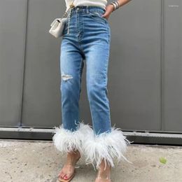Women's Jeans Feather Splicing Stretch Denim Pans Women High Waist Design Hole High-waisted Straight