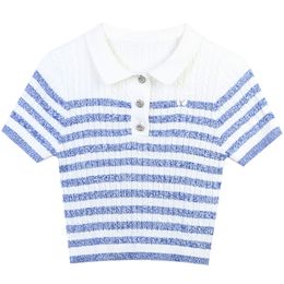 516 L 2023 Summer Sweaters Women's Pullover Sweater Blue Striped Lapel Neck Short Sleeve Brand Same Style Women's xiurong