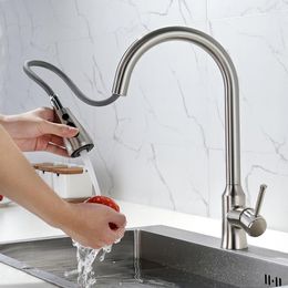 Kitchen Faucets Brushed Nickel Mixer Faucet Single Hole Pull Out Spout Sink Tap With Stream Sprayer Head Chrome/Black