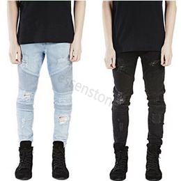 Wholesale BikerR jeans slp blue/black destroyed mens slim denim straight biker skinny jeans Casual Long men ripped jeans Size 28-42 free shipping2023