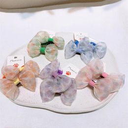 2023 1 Pair New Korean Fashion Children's Ponytail Hair Accessories Sweet Girl Beautiful Colorful Dot Mesh Bow Rubber Band Hair Rope