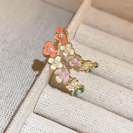 Stud Earrings Japanese Korean Style Drip Oil Pearl Flower For Women Silver Needle Earstuds Temperament Fashion Jewelry
