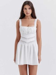 New In 2023 Sweet Lace Trim Mini Dress For Women Garden Party Clothes Chic And Elegant Square Neck Wedding White Dress