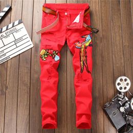 Men's Jeans High Quality Fashion Hipsters Holes Men Self-cultivation Embroidered Red Phoenix Stylish Punk Denim TrousersMen's