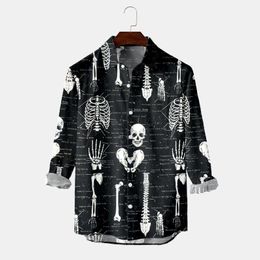 Men's Casual Shirts Mens Male Party Halloween Bone Printed Shirt Long Sleeve Turn Down Collar Costume Camisa MasculinaMen's